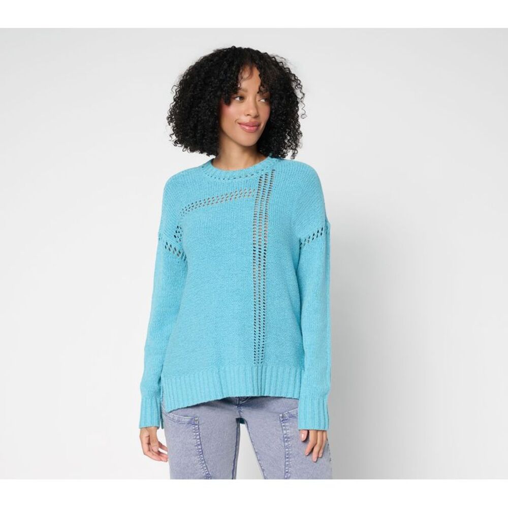 SUNNYLiFE Women's Top Sweater Sz L Crew Neck Hi-Low Hem Blue A701745